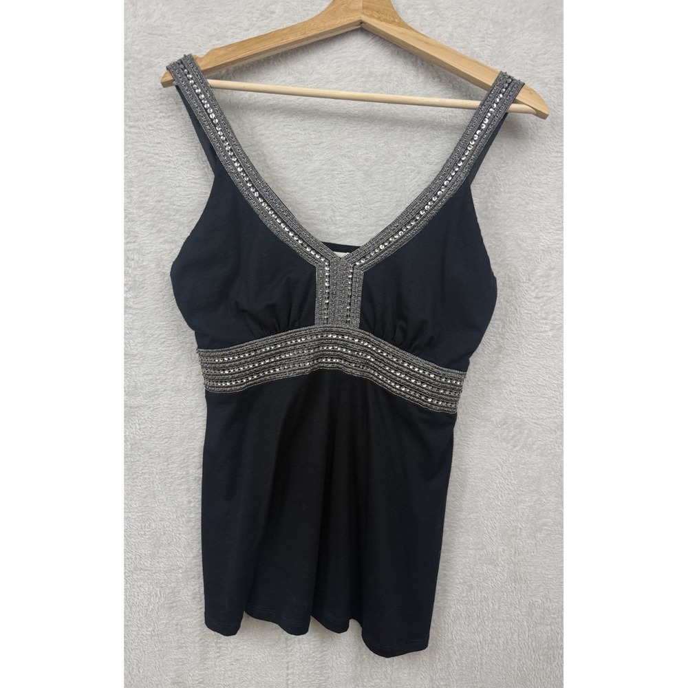 Flounce TBD Black Beaded Tank Top Y2K Embellished Empire Waist Glam Date Night M
